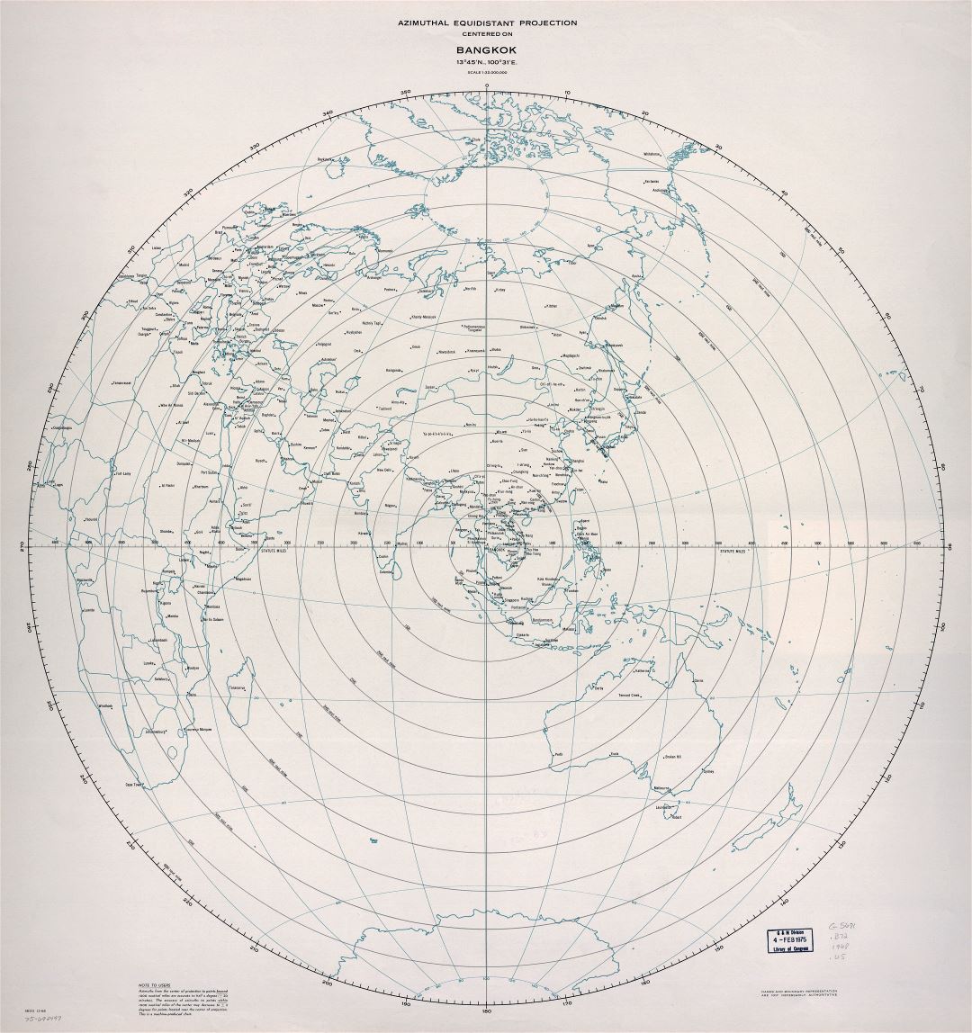 Large detailed azimuthal equidistant projection map centered on Bangkok - 1968