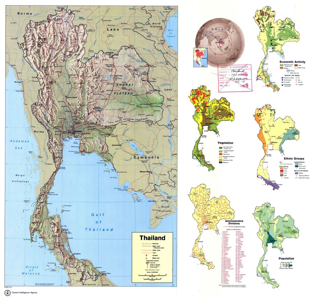Large detailed country profile map of Thailand - 1974