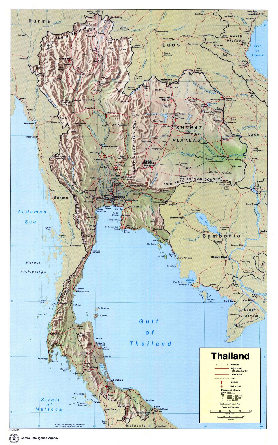Large detailed political map of Thailand with relief, roads, railroads, major cities, airports and seaports - 1974