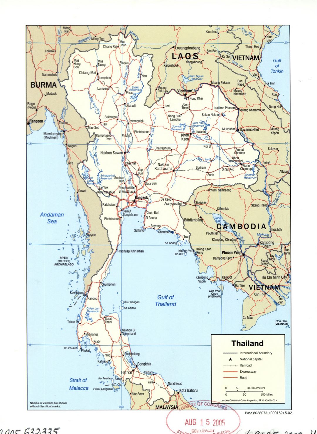 Large detailed political map of Thailand with roads, railroads and major cities - 2002
