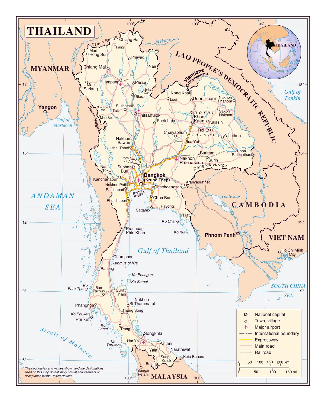 Large detailed political map of Thailand with roads, railroads, major cities and airports