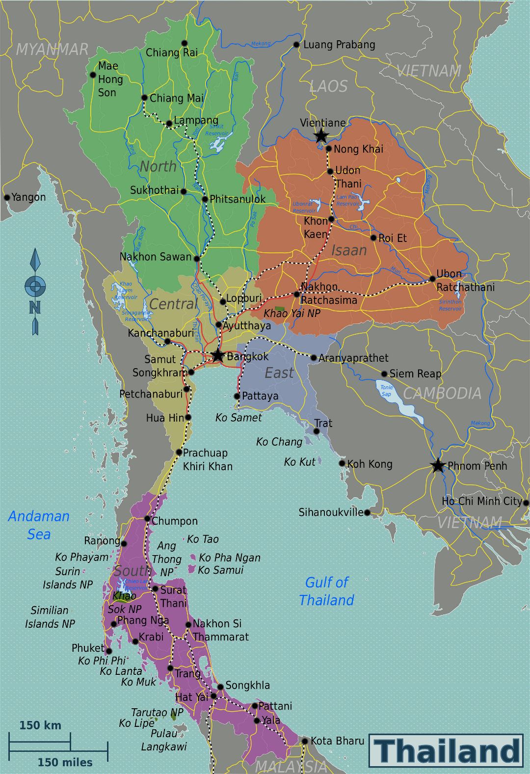 Large detailed regions map of Thailand