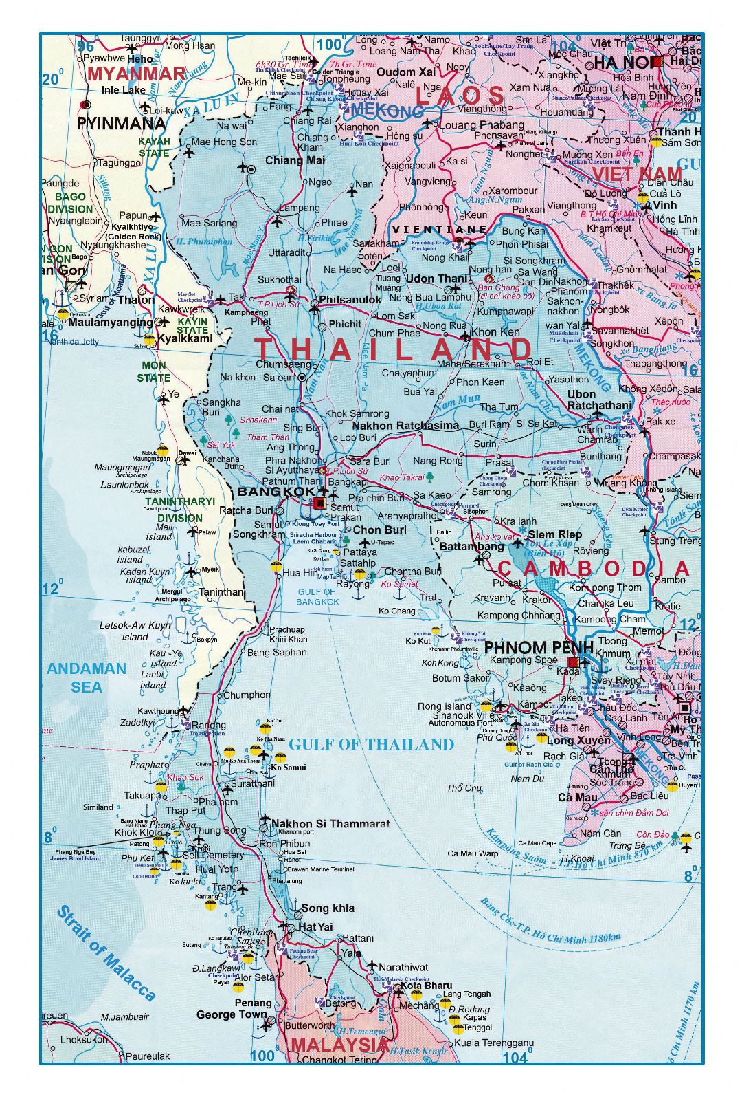 Large detailed road map of Thailand with airports and other marks