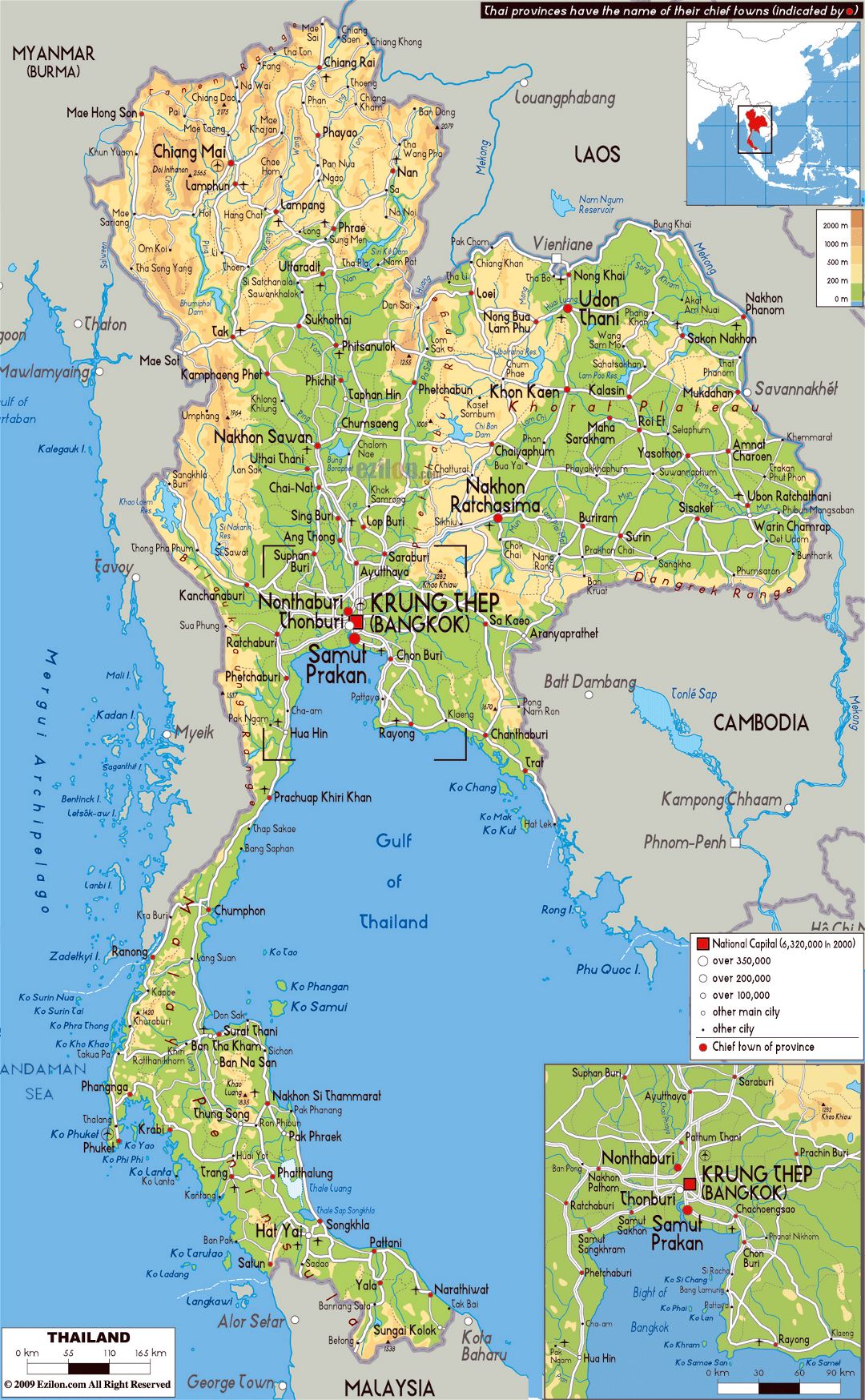Large physical map of Thailand with roads, cities and airports