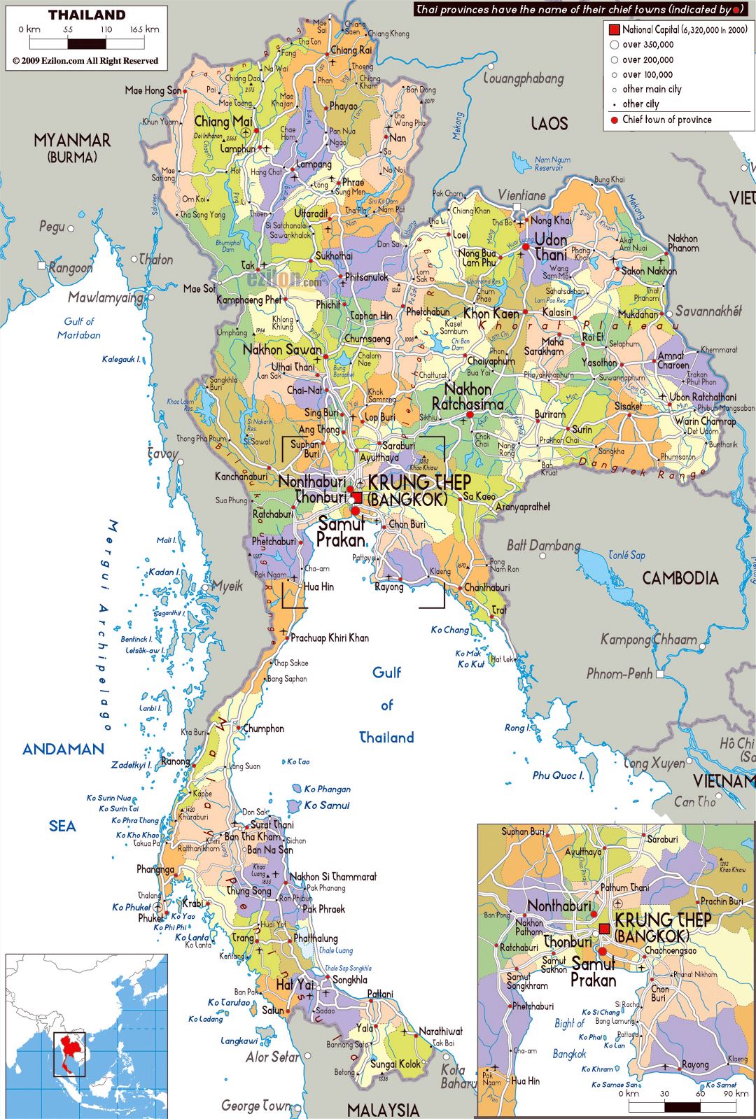 Large political and administrative map of Thailand with roads, cities and airports
