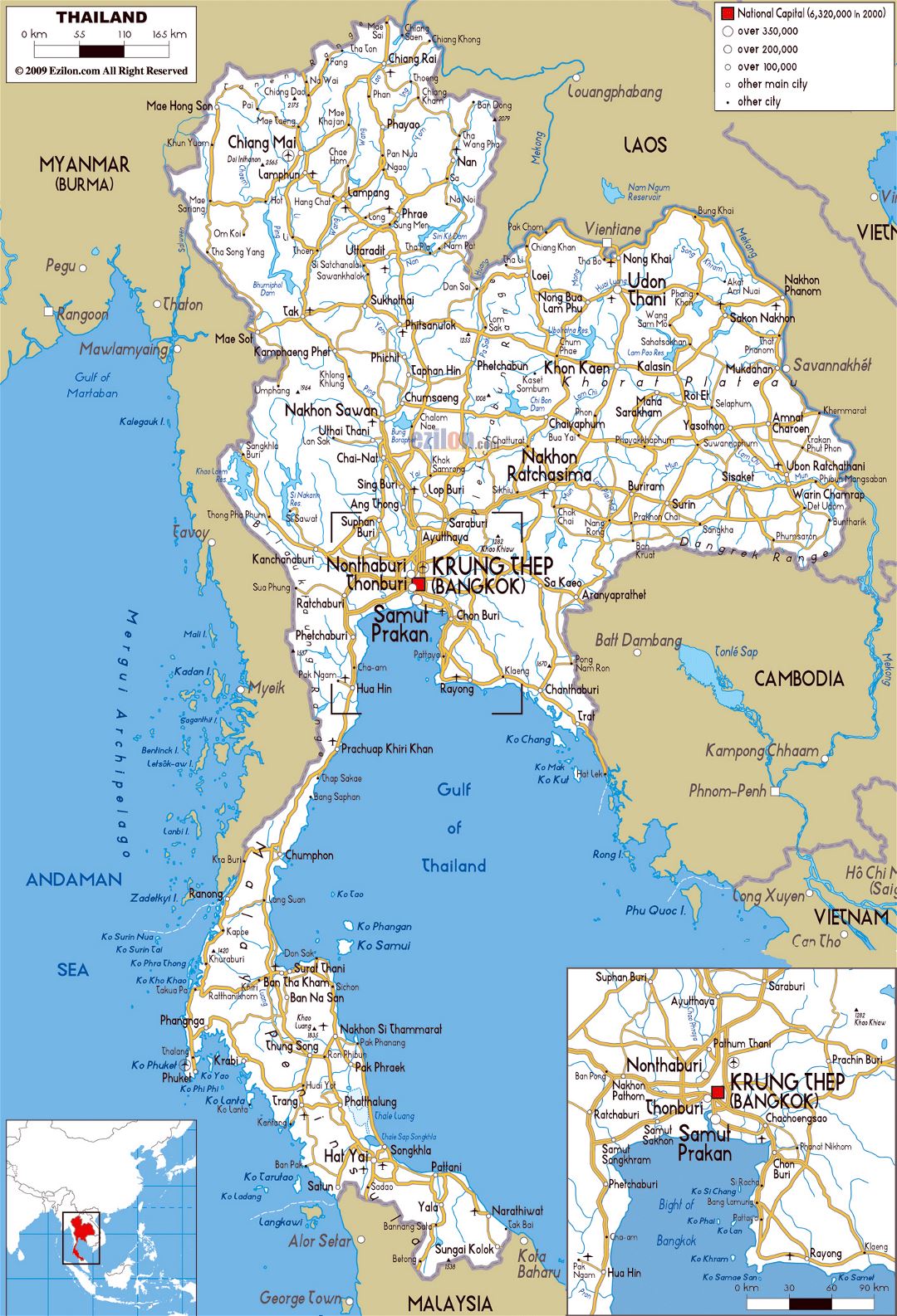 Large road map of Thailand with cities and airports