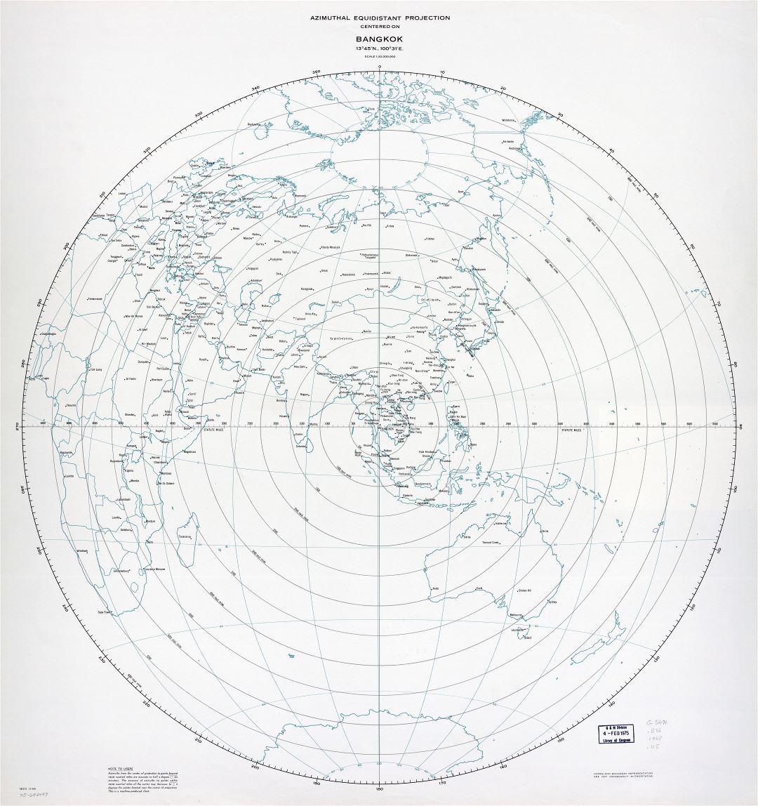 Large scale detailed azimuthal equidistant projection map centered on Bangkok - 1968