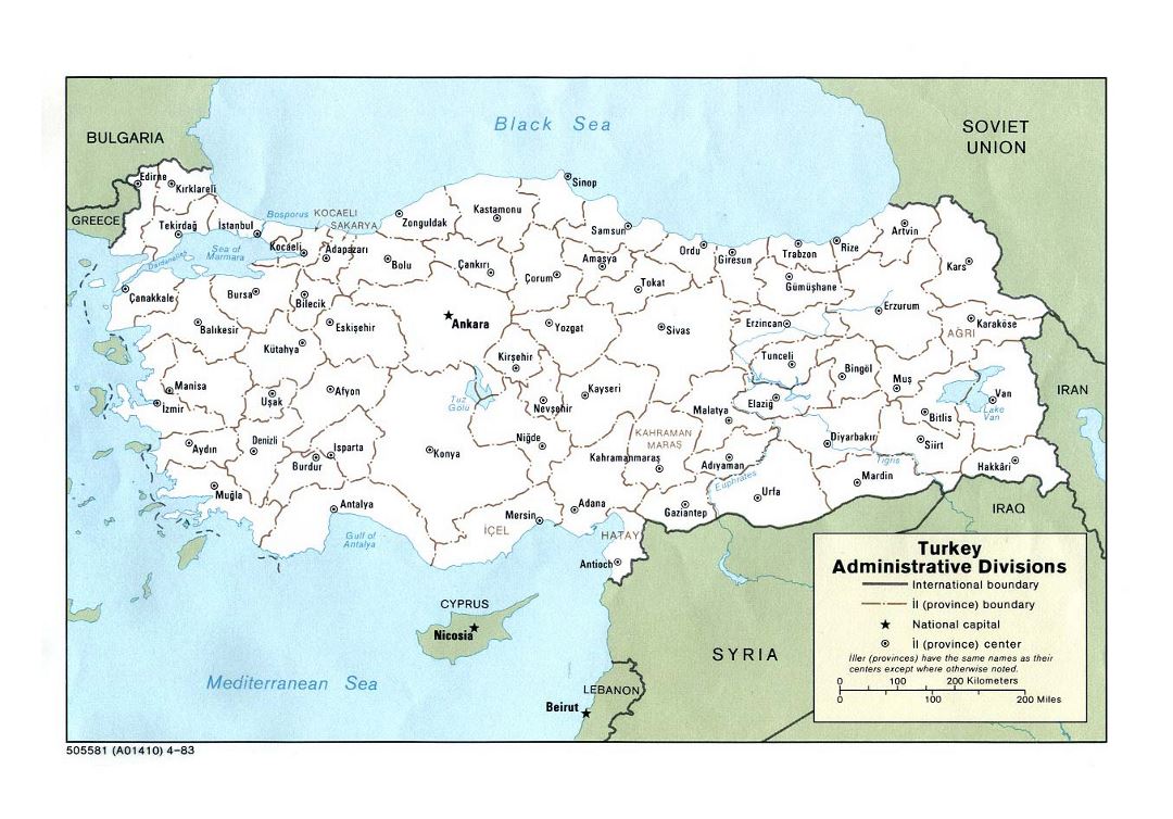 Detailed administrative divisions map of Turkey - 1983