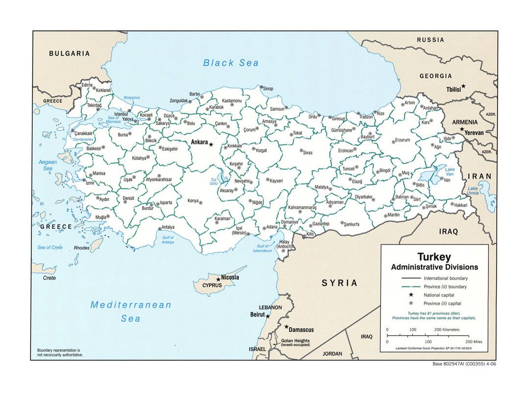 Detailed administrative divisions map of Turkey - 2006