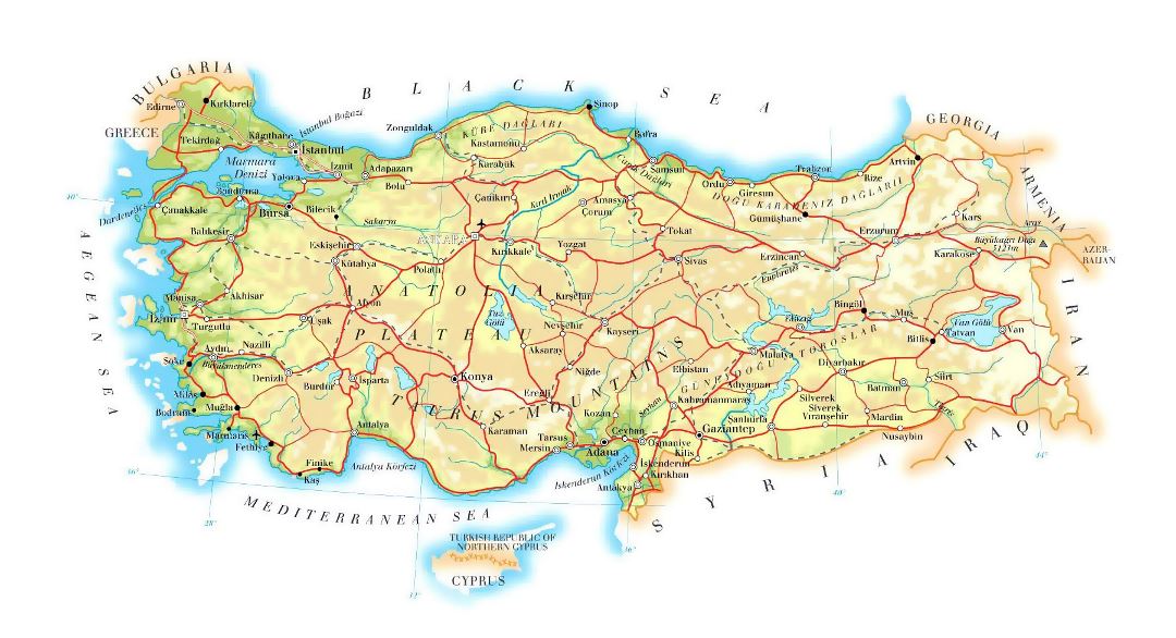 Detailed elevation map of Turkey with roads, railroads, cities and airports