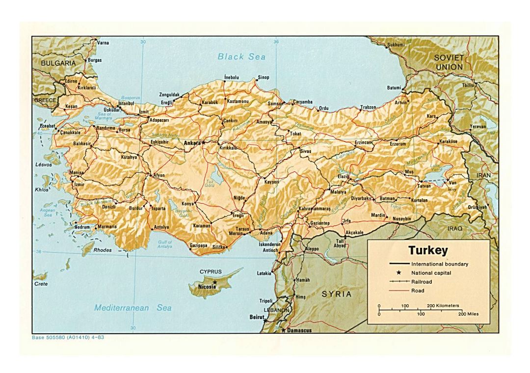 Detailed political map of Turkey with relief, roads, railroads and major cities - 1983