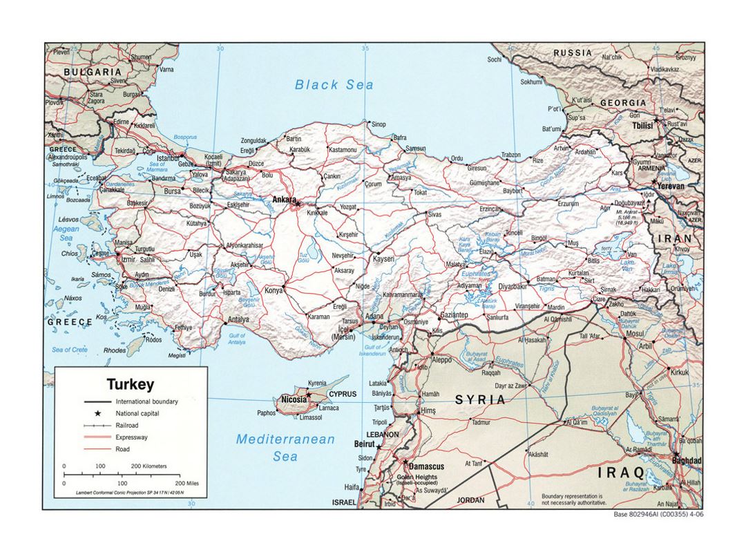 Detailed political map of Turkey with relief, roads, railroads and major cities - 2006