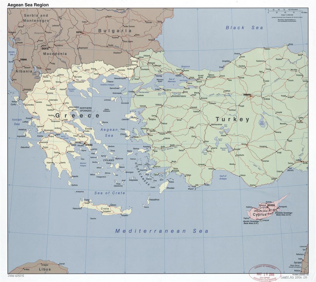 Large detailed political map of Aegean Sea Region with roads, railroads and major cities - 2006
