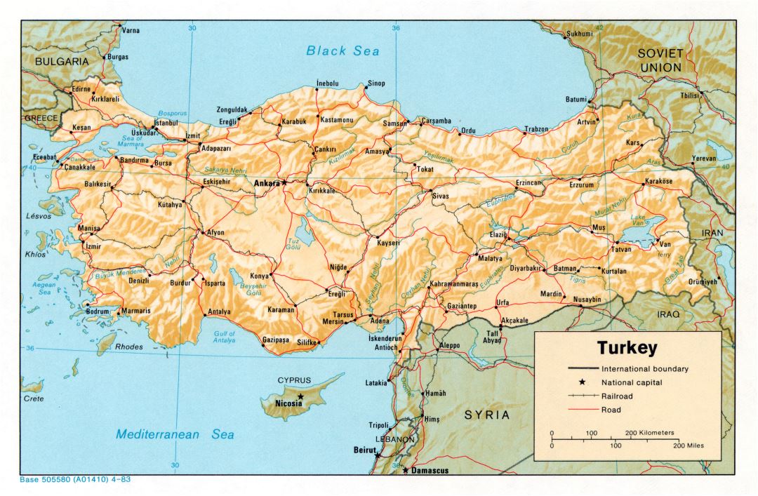 Large detailed political map of Turkey with relief, roads, railroads and major cities - 1983