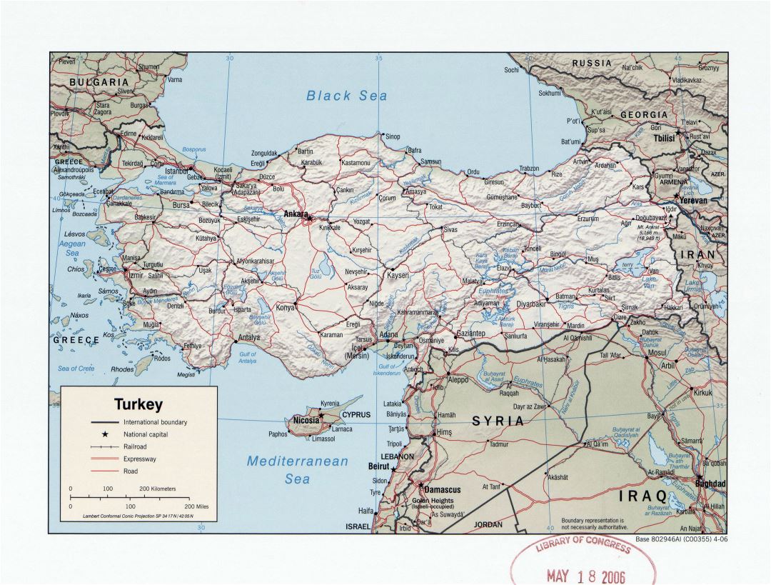 Large detailed political map of Turkey with relief, roads, railroads and major cities - 2006