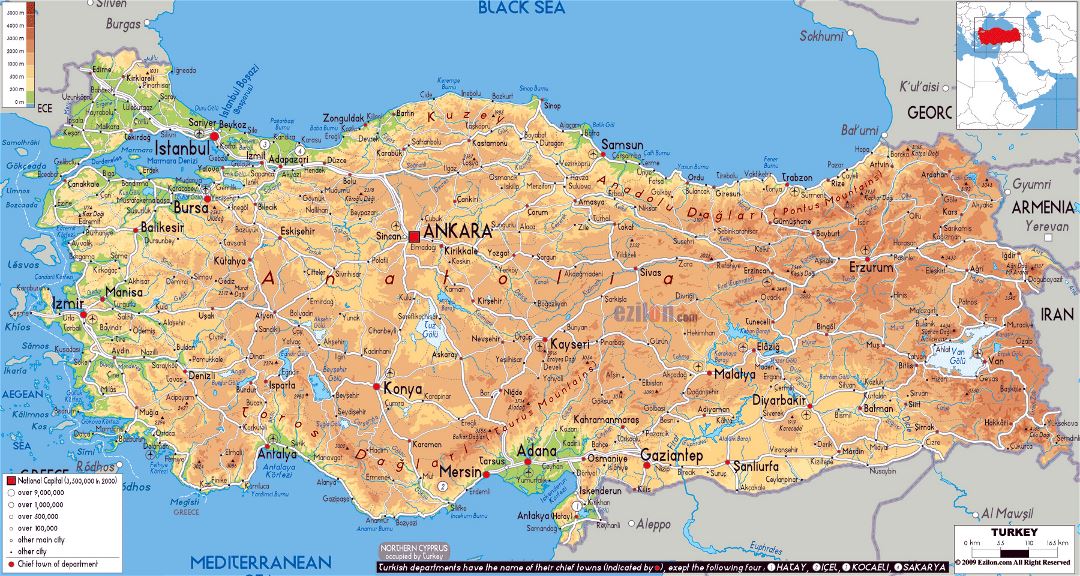Large physical map of Turkey with roads, cities and airports