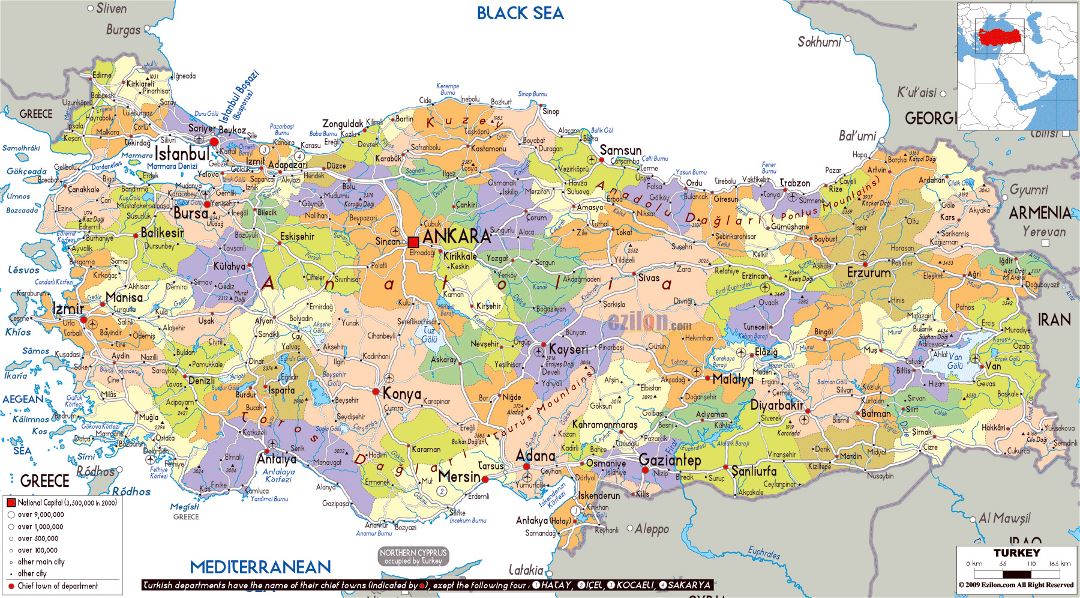 Large political and administrative map of Turkey with roads, cities and airports
