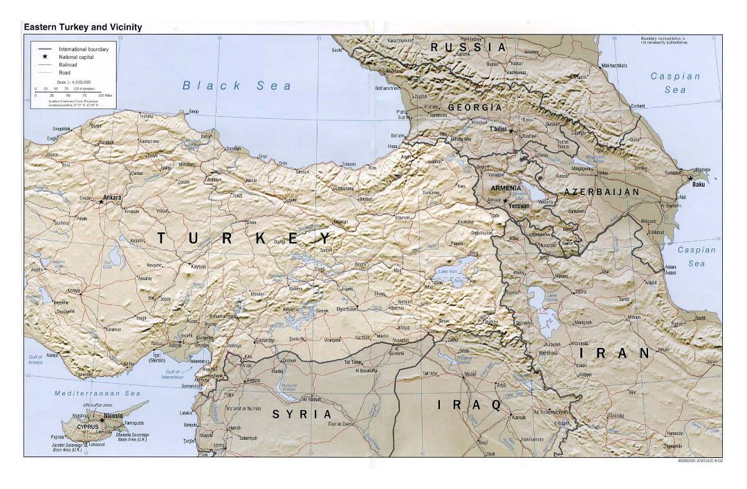 Large political map of Eastern Turkey and vicinity with relief, roads, railroads and cities - 2002