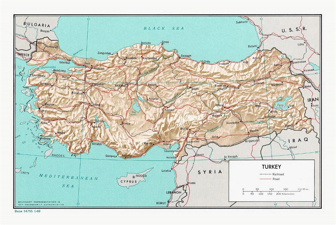 Large political map of Turkey with relief, roads, railroads and major cities - 1969