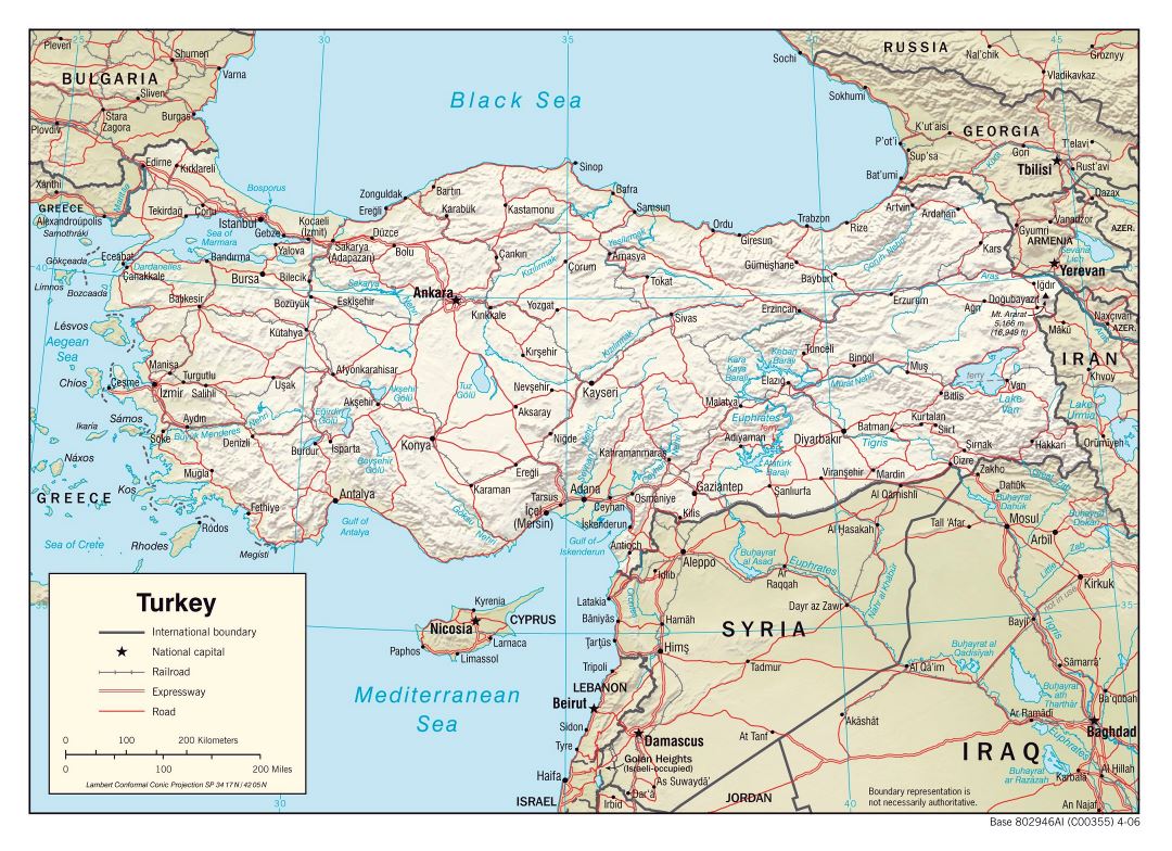 Large political map of Turkey with relief, roads, railroads and major cities - 2006