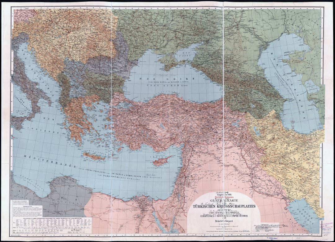 Large scale old political map of Turkey and neighboring countries with relief, cities and other marks - 1916