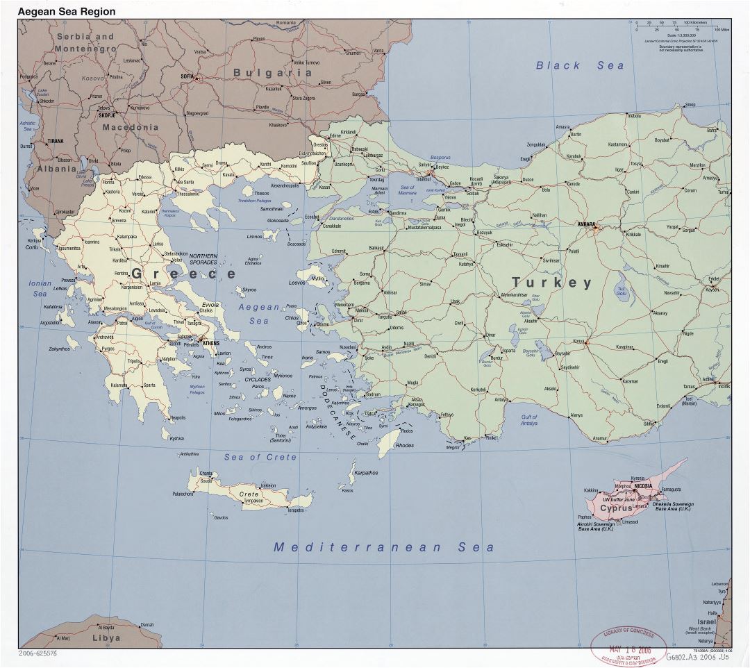 Large scale political map of Aegean Sea Region with roads, railroads and major cities - 2006