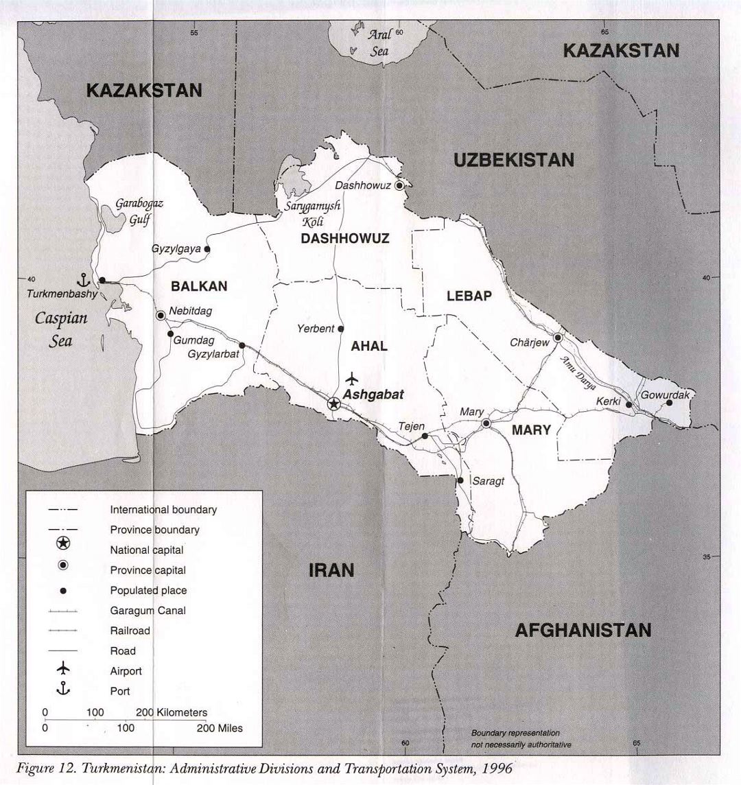 Detailed administrative divisions and transportation system map of Turkmenistan - 1996