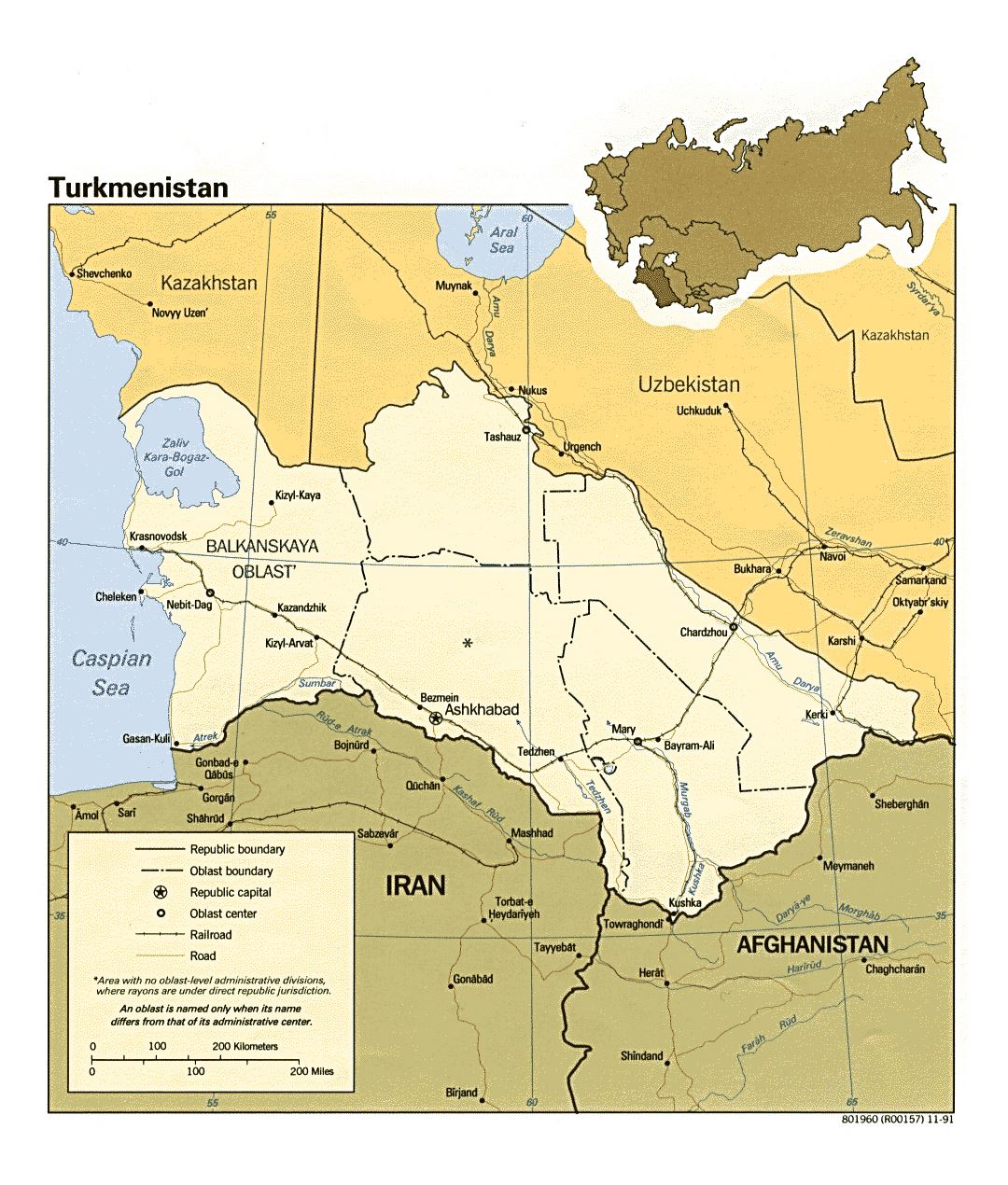 Detailed political and administrative map of Turkmenistan with roads, railroads and major cities - 1991