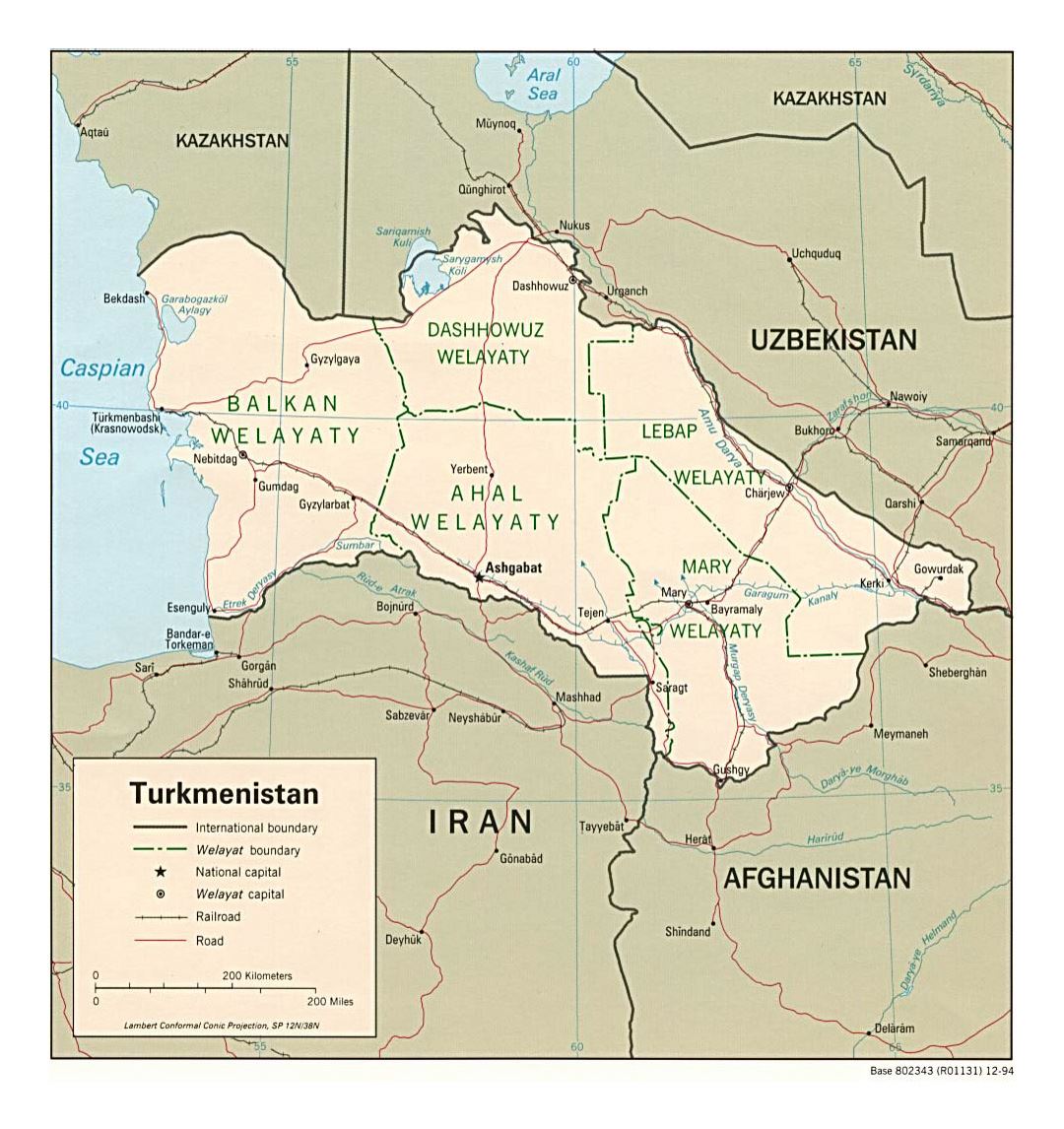 Detailed political and administrative map of Turkmenistan with roads, railroads and major cities - 1994