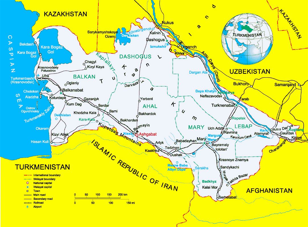 Detailed political map of Turkmenistan with other marks