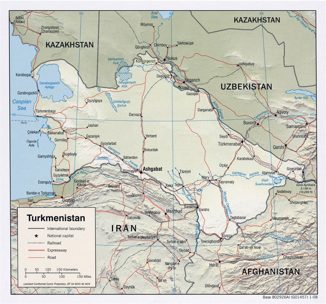 Detailed political map of Turkmenistan with relief, roads, railroads and major cities - 2008