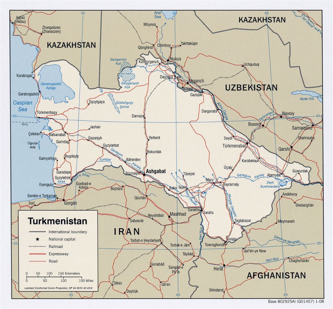 Detailed political map of Turkmenistan with roads, railroads and major cities - 2008