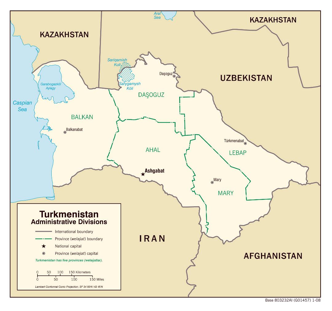 Large administrative divisions map of Turkmenistan - 2008