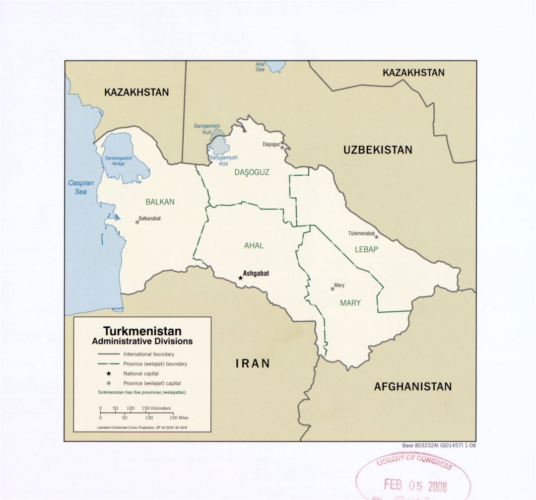 Large detailed administrative divisions map of Turkmenistan - 2008