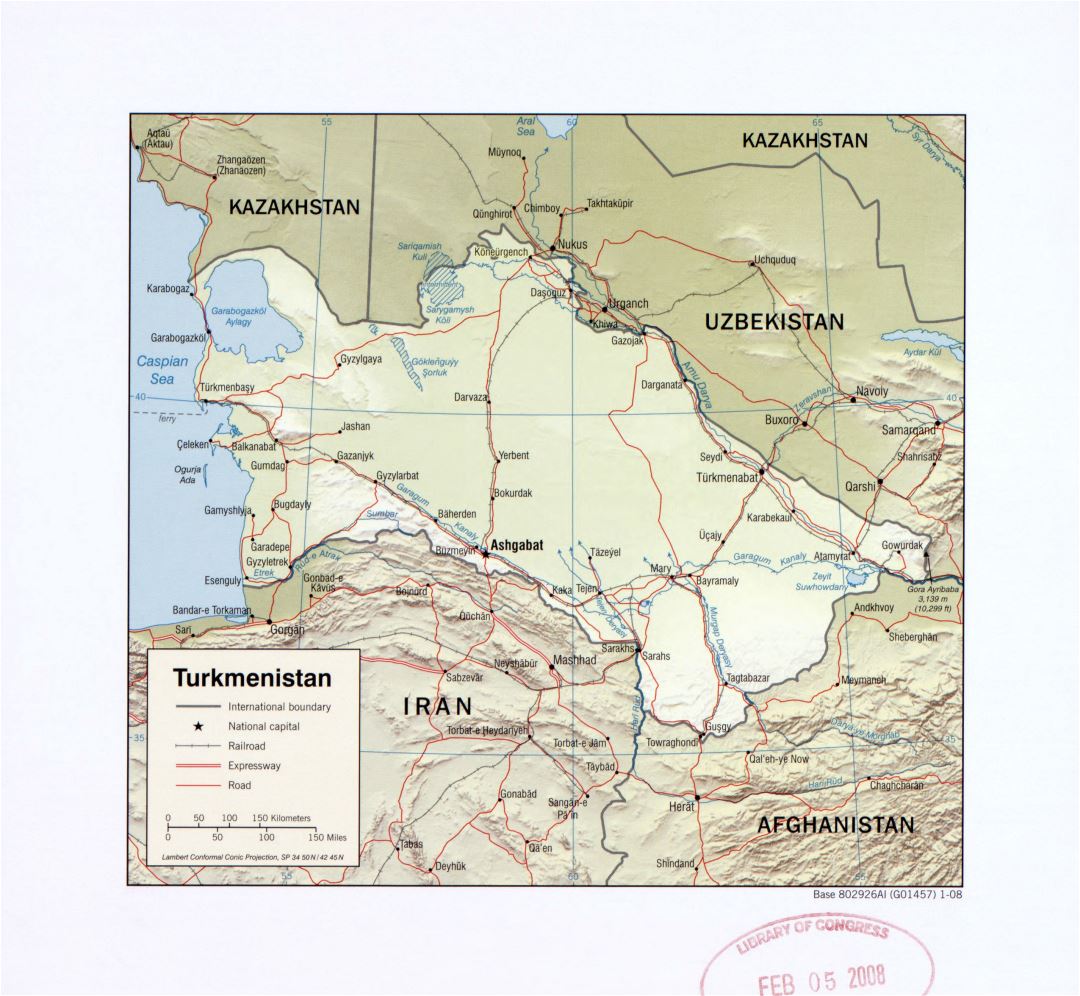 Large detailed political map of Turkmenistan with relief, roads, railroads and major cities - 2008