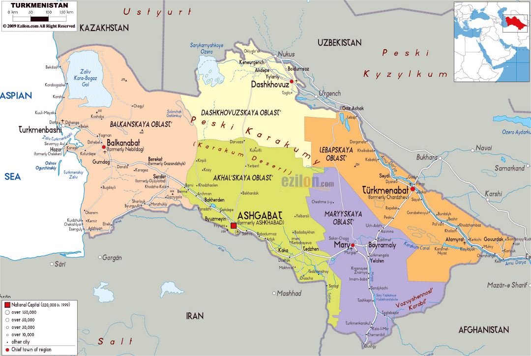 Large political and administrative map of Turkmenistan with roads, cities and airports