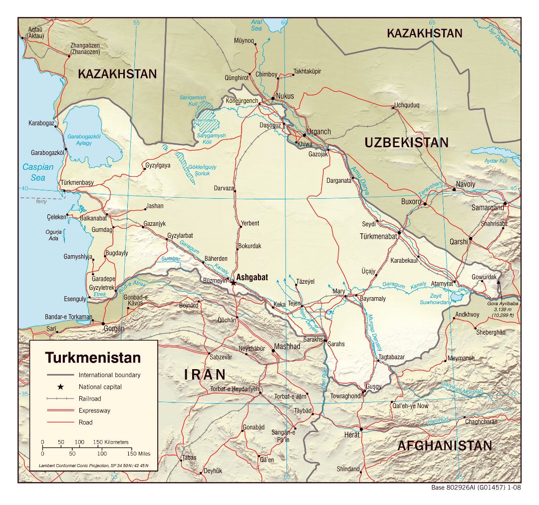 Large political map of Turkmenistan with relief, roads, railroads and major cities - 2008