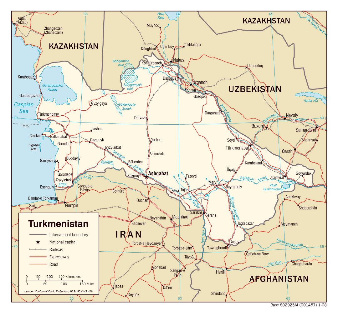 Large political map of Turkmenistan with roads, railroads and major cities - 2008