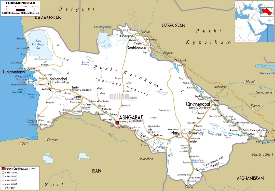 Large road map of Turkmenistan with cities and airports