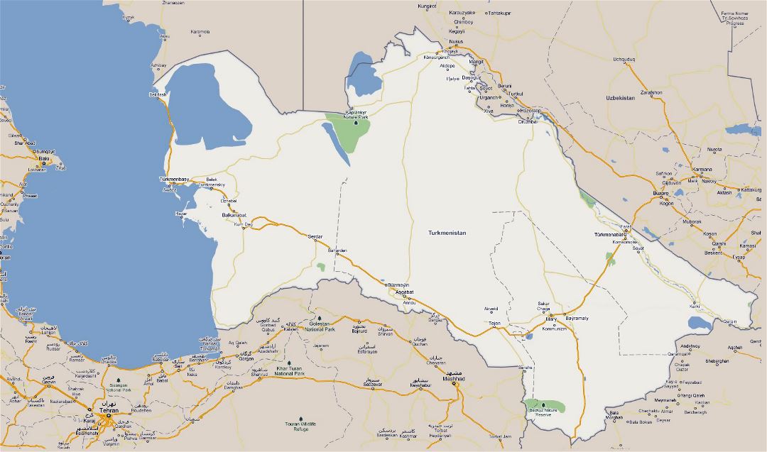 Large road map of Turkmenistan with national parks and cities