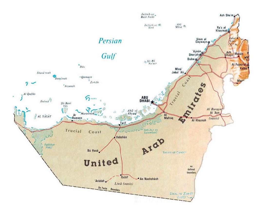 Detailed map of UAE with relief and other marks
