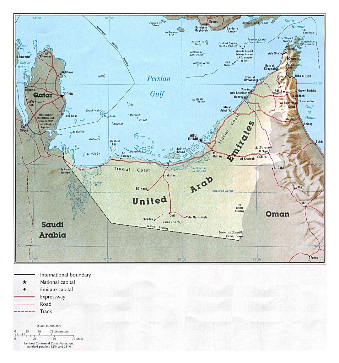 Detailed political map of UAE with relief, roads and cities - 1993