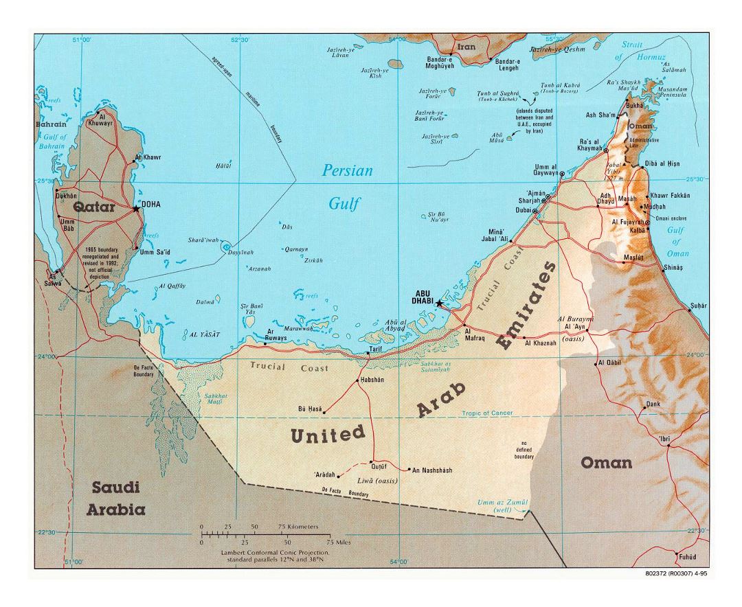 Detailed political map of UAE with relief, roads and cities - 1995