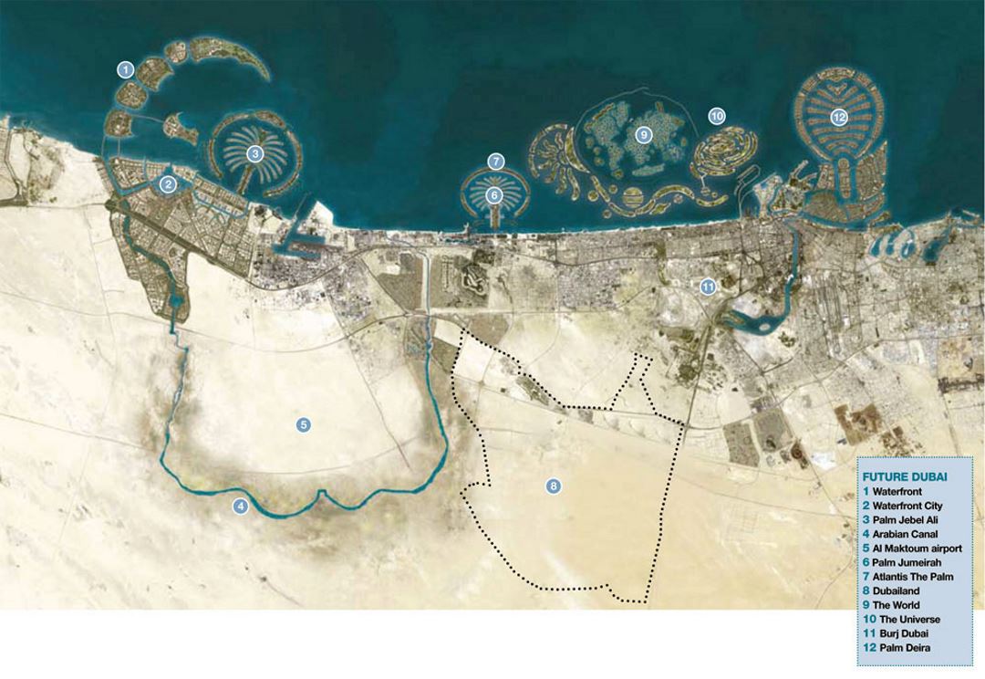 Detailed tourist satellite map of Dubai with legend