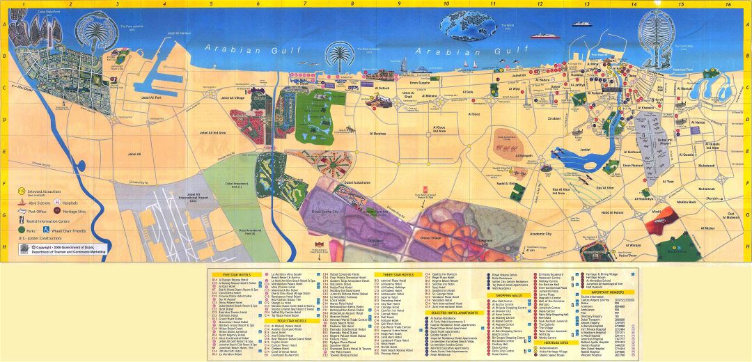 Large detailed hotels map of Dubai city
