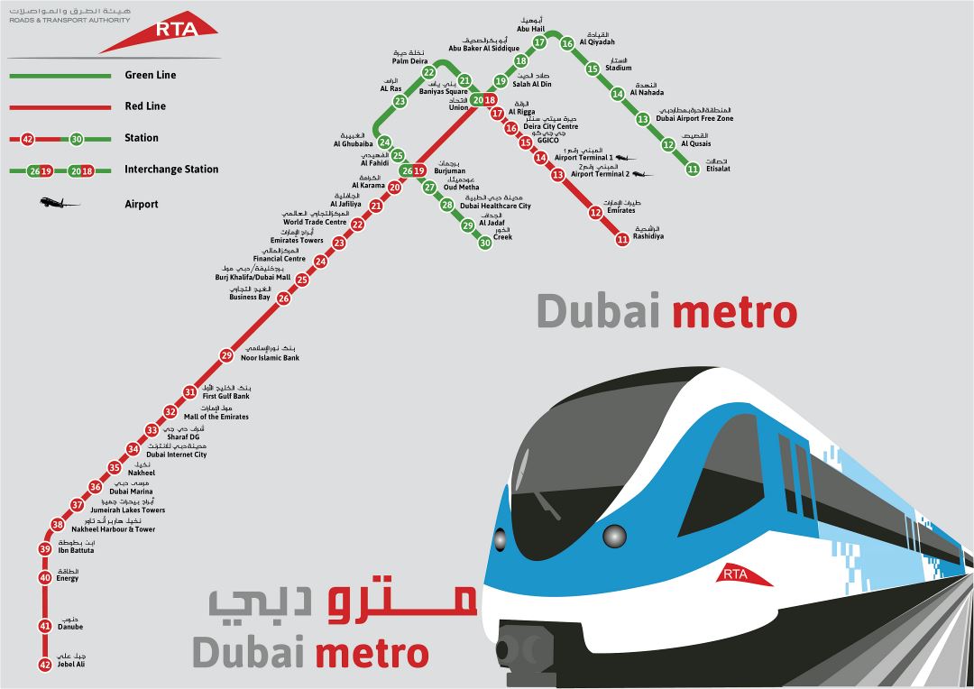 Large detailed metro map of Dubai city
