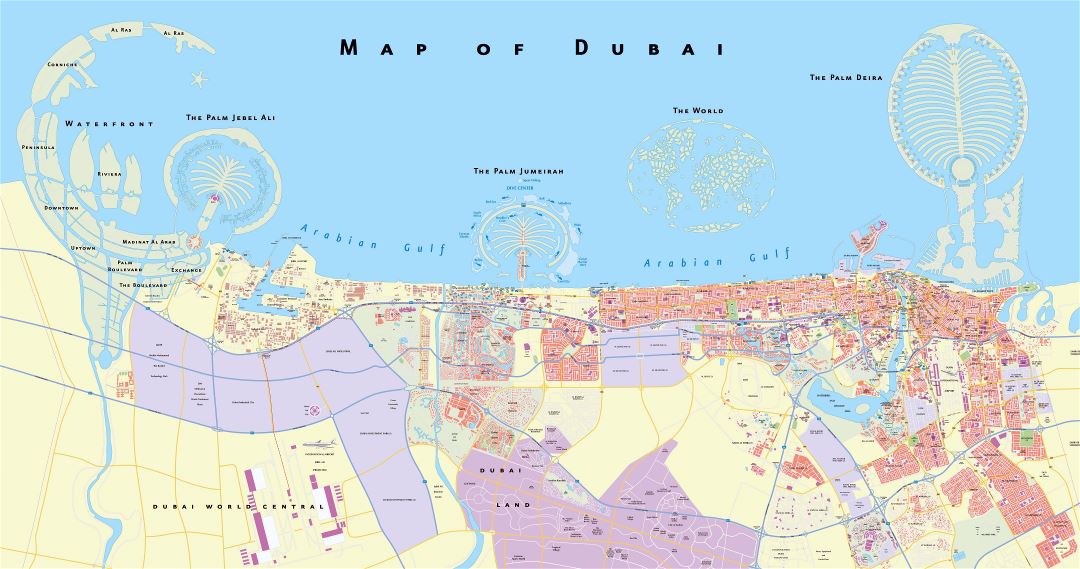 Large scale detailed road map of Dubai city