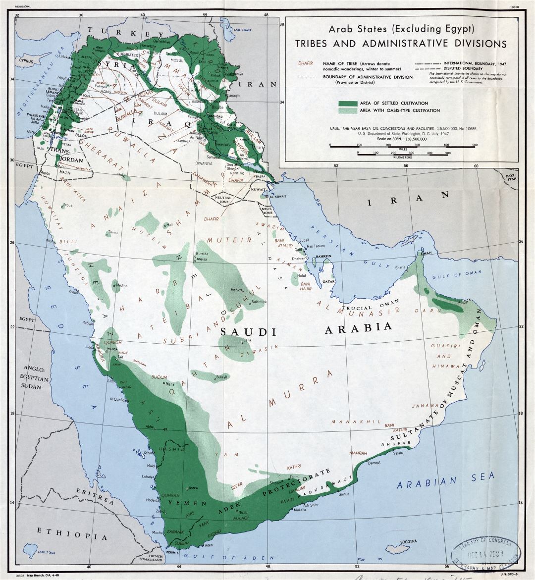 Large detailed Arab States (Excluding Egypt) tribes and administrative divisions map - 1947