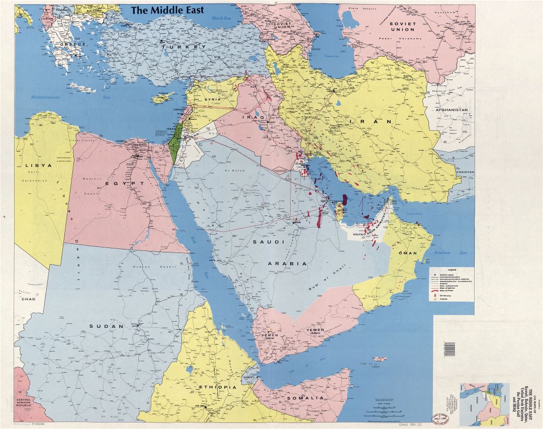 Large detailed map of the Middle East, Kuwait, Bahrain, Qatar, United Arab Emirates, the Persian Gulf and Iraq - 1991