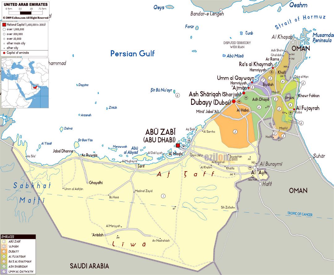 Large political map of UAE with all roads, cities and airports
